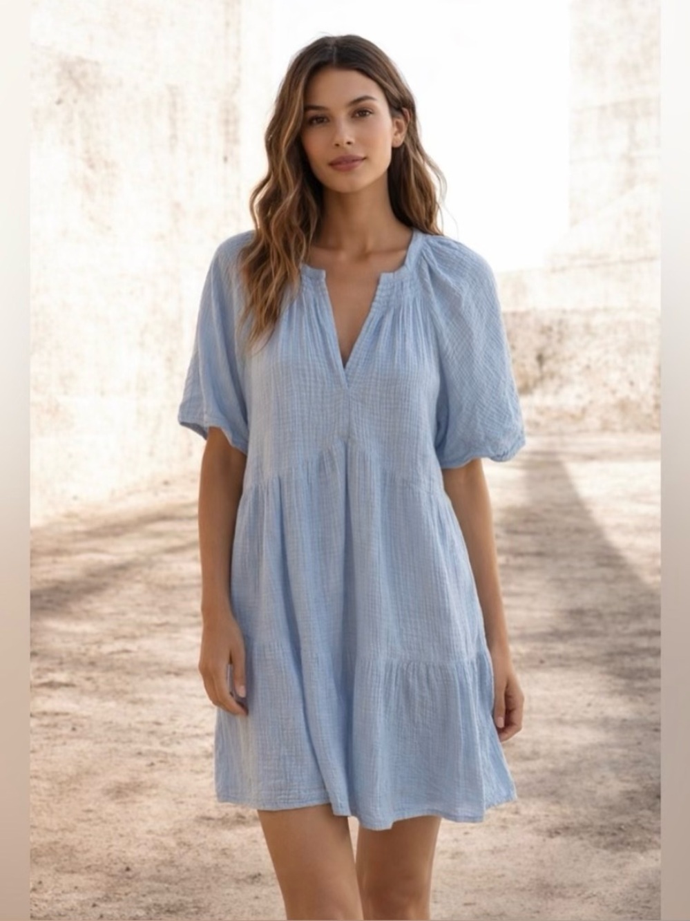 NWT- GAP Light Blue Tiered Gauze Mini Dress